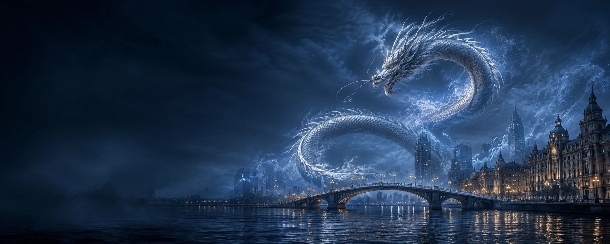 Long Teng Jin Men: silver-dragon campaign artwork over Tianjin